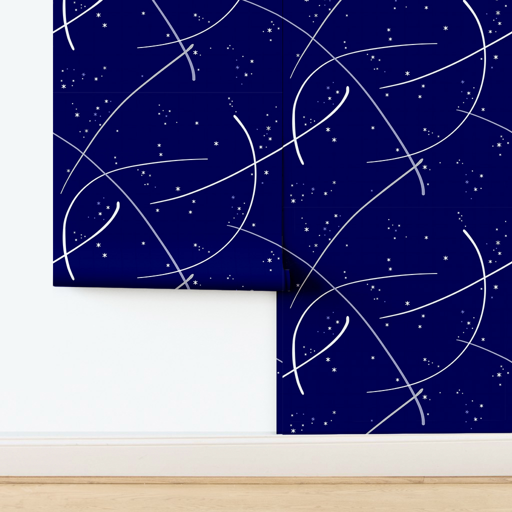 The artwork consists of a deep navy blue background adorned with numerous white star-like shapes scattered throughout, creating a celestial atmosphere. Over this starry field, several sweeping, curved white lines intersect and flow diagonally across the canvas, adding dynamic movement to the composition. The overall effect is a stylized and abstract representation of a night sky with constellations or cosmic trajectories.